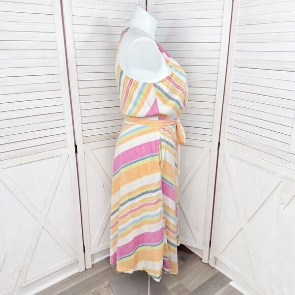 New York & Company Linen Blend Striped Halter Midi Dress Sundress Pink Multi XL - Picture 3 of 14